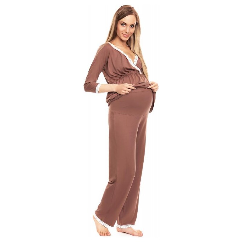 ProMamku Cappuccinové těhotenské a kojící pyžamo s kalhotami a tričkem s dlouhým rukávem s výstřihem