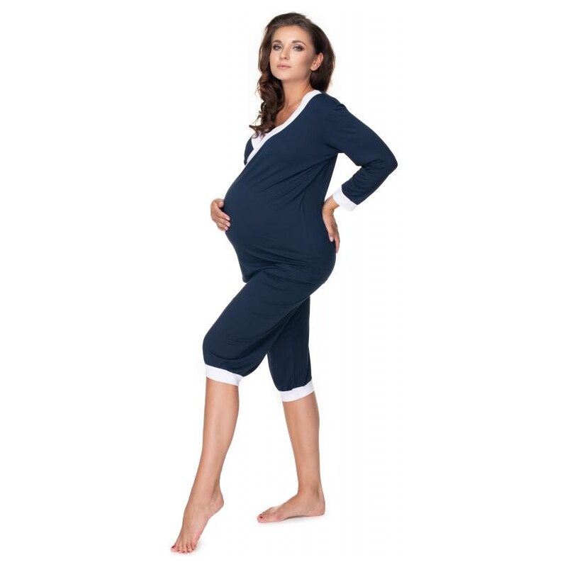 ProMamku Těhotenské a kojící pyžamo s 3/4 kalhotami s břišním panelem a tričkem s 3/4 rukávem s výstřihem - tmavomodré / bílé