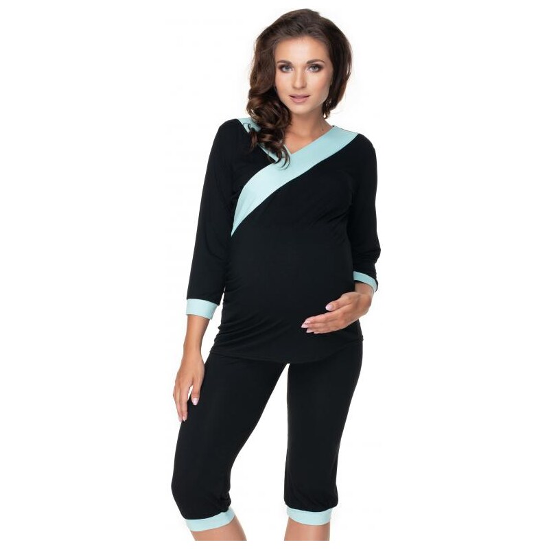 ProMamku Těhotenské a kojící pyžamo s 3/4 kalhotami s břišním panelem a tričkem s 3/4 rukávem s výstřihem - černé / světlemodré