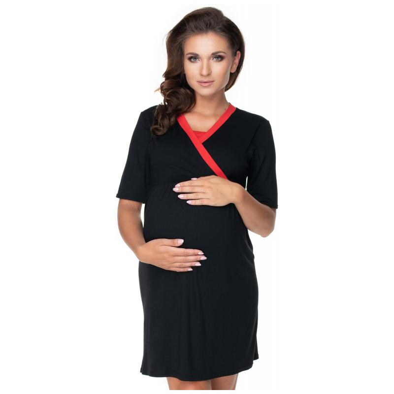 ProMamku Těhotenský set noční košile a župana v černé barvě s červeným lemem