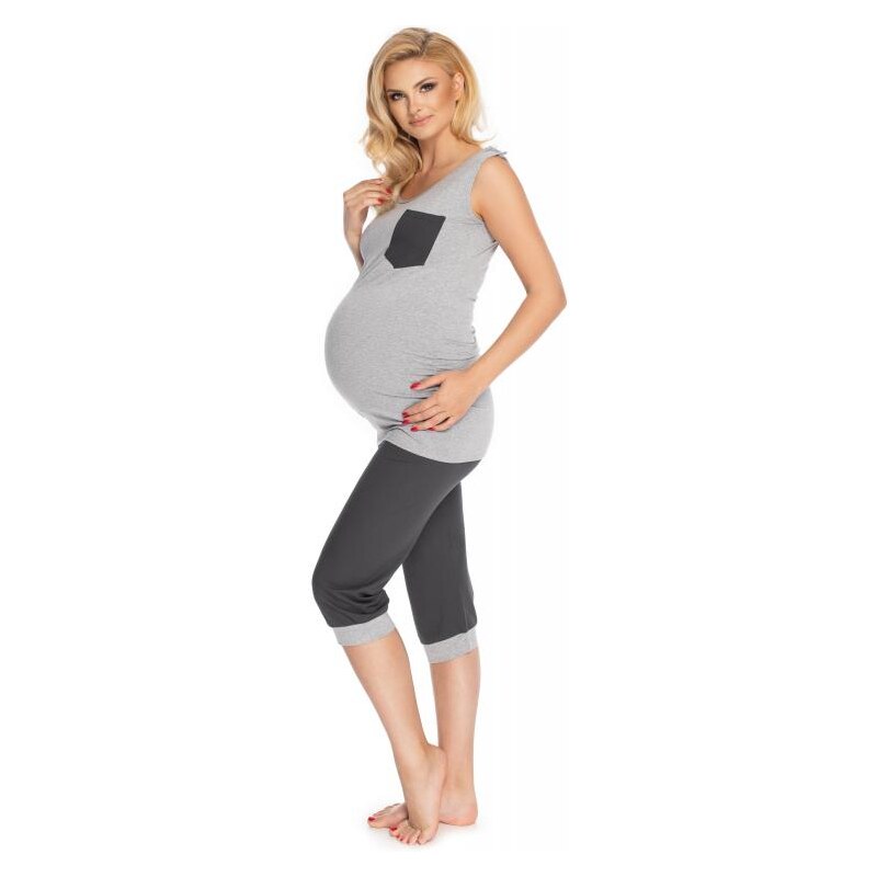 ProMamku Těhotenské a kojící pyžamo s 3/4 kalhotami s břišním panelem a tričkem bez rukávů v šedé barvě