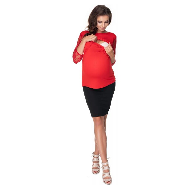 ProMamku Těhotenská a kojící halenka s dlouhým rukávem s krajkou v červené barvě