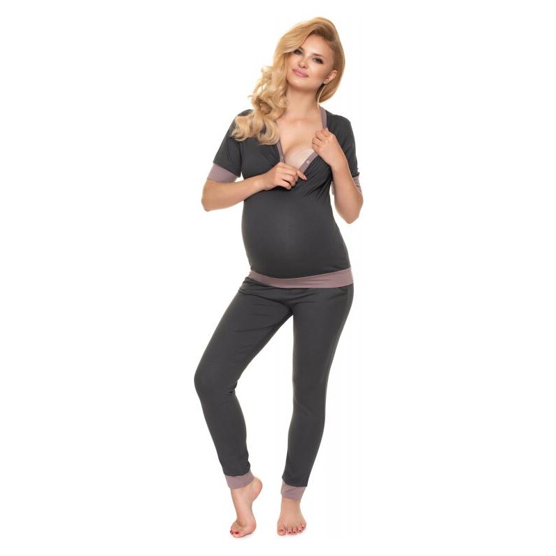ProMamku Těhotenské a kojící pyžamo s knoflíky v grafitové barvě