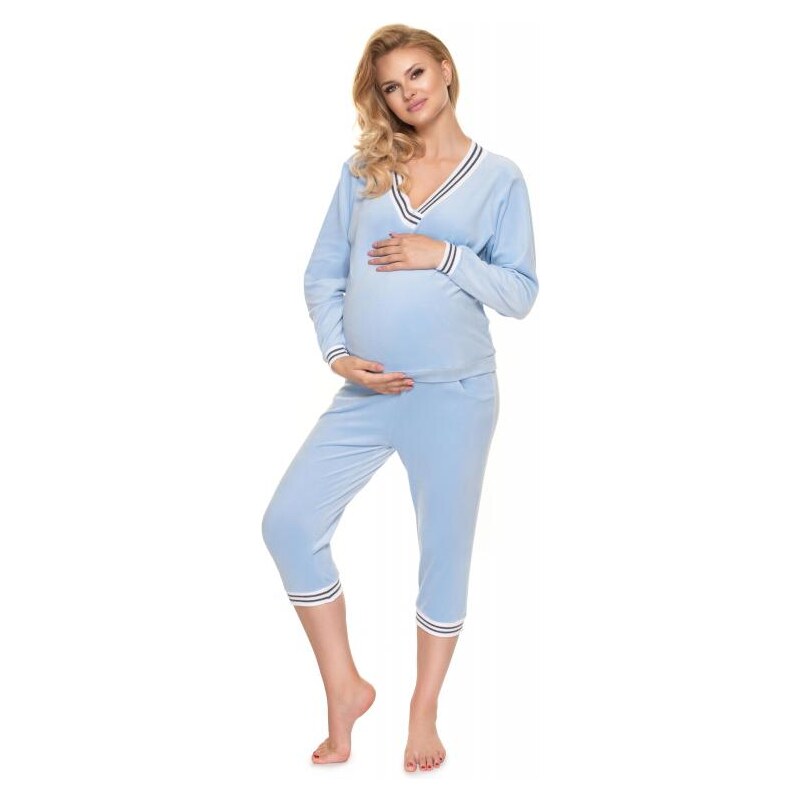 ProMamku Těhotenská velurová souprava na spaní v modré barvě