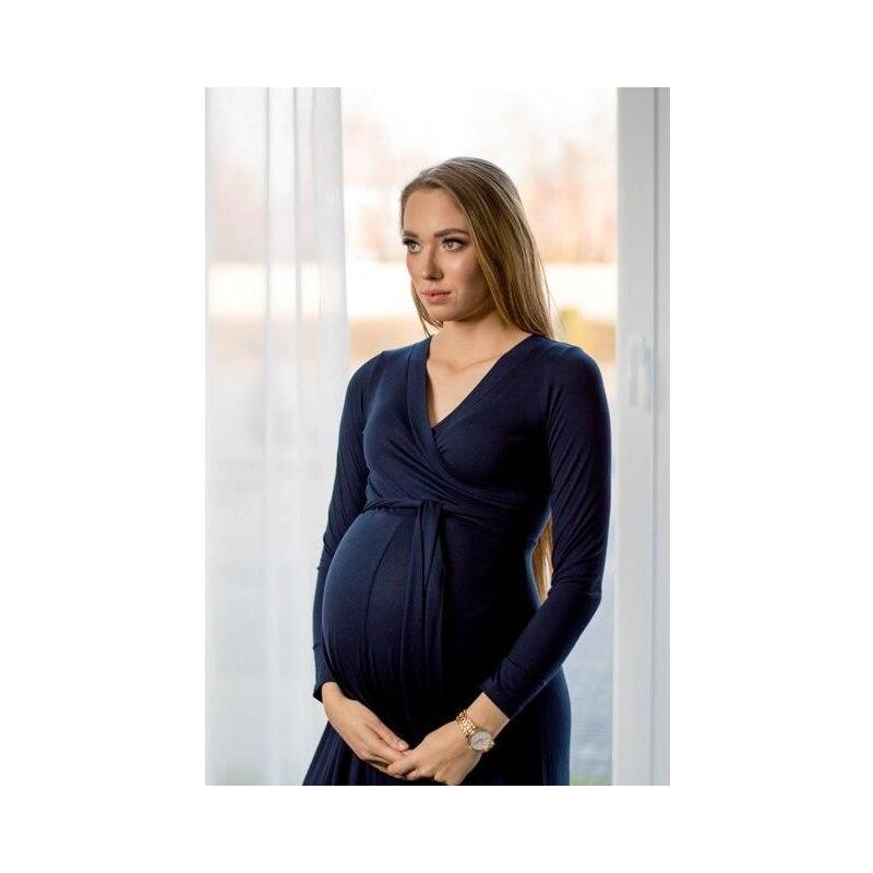 ProMamku Dlouhé tmavě modré elegantní těhotenské šaty s mašlí