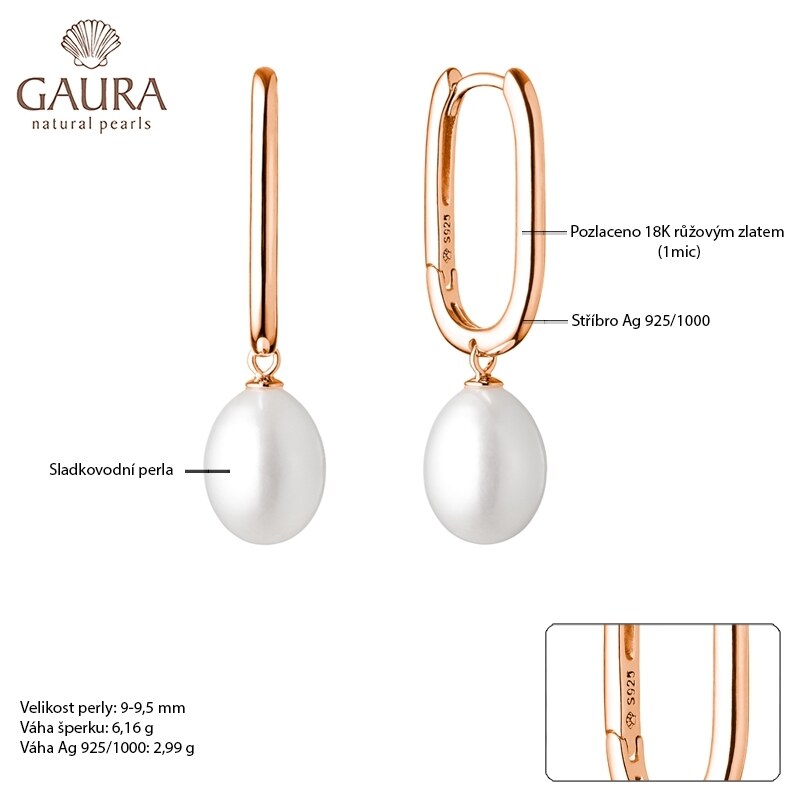Gaura Pearls Stříbrné pozlacené náušnice Shannon Gold, řiční perla stříbro 925/1000