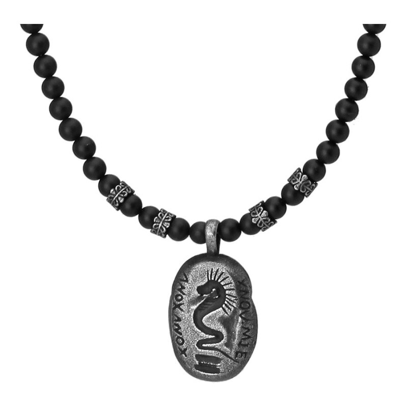 Manoki Korálkový náhrdelník Neptuno - 6 mm matný onyx, medailon s hadem