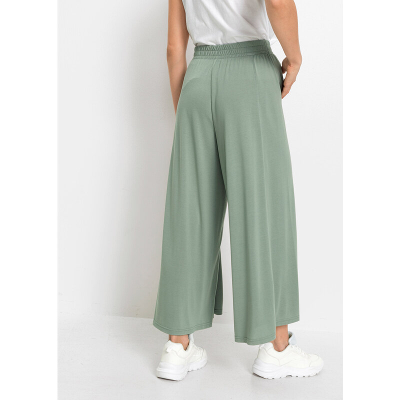 bonprix Žerzejové kalhoty Culotte se širokými nohavicemi Zelená