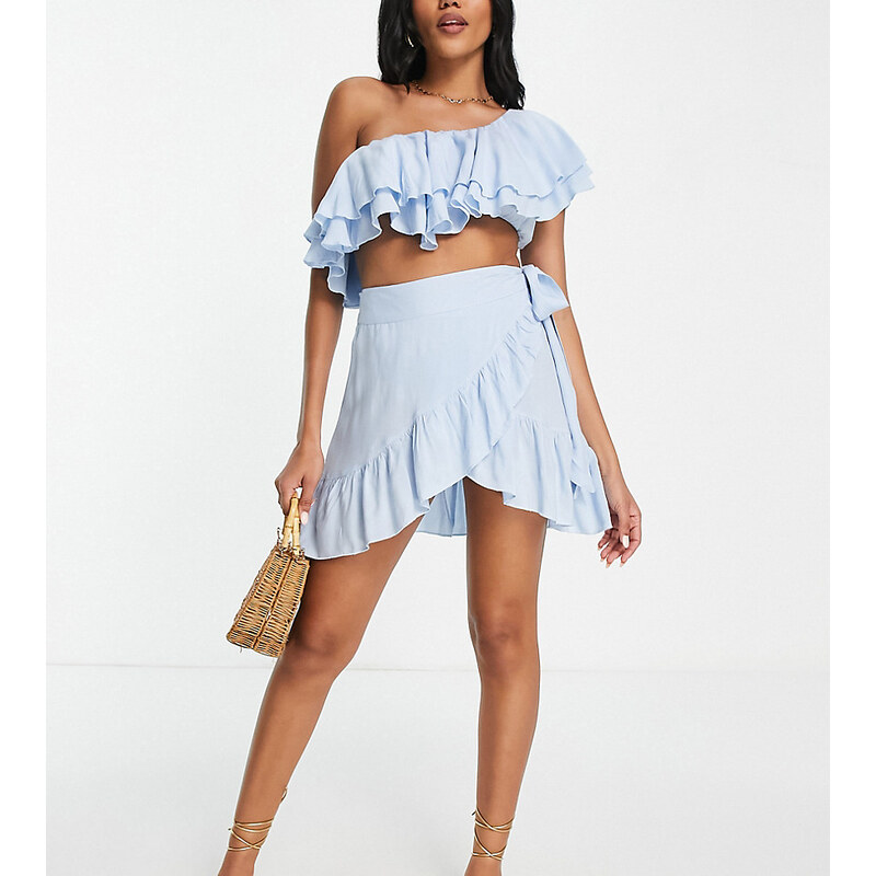 Esmee Exclusive wrap frill beach skirt co-ord in blue 68403021