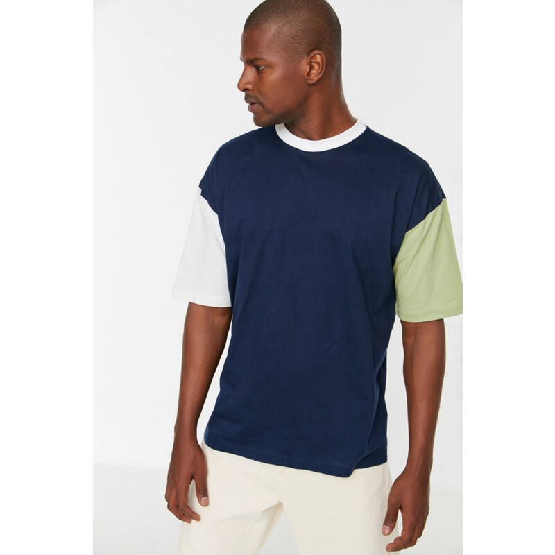 Trendyol Pánské oversize/široký střih Barevné bloky Krátký rukáv Posádka Neck 100% bavlněné tričko.