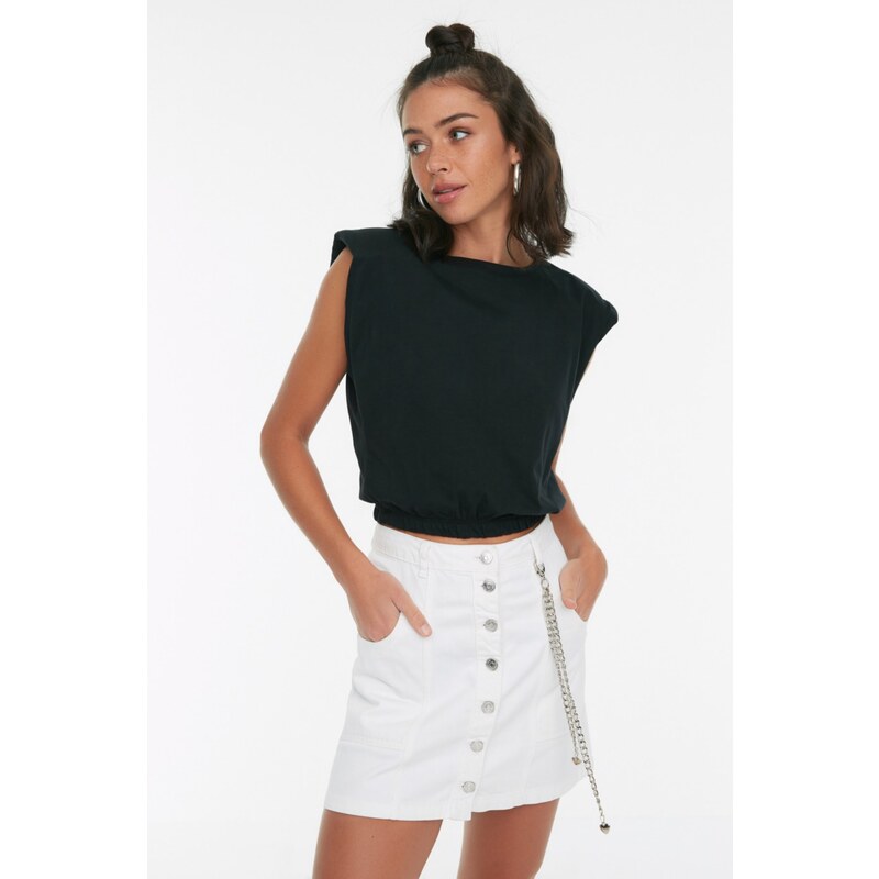 Trendyol Black 100% Cotton Padded Crop Crew Neck Knitted T-Shirt