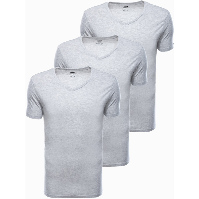 Ombre Clothing Bavlněná trička V-NECK 3-pack - šedá melanž V10 Z29