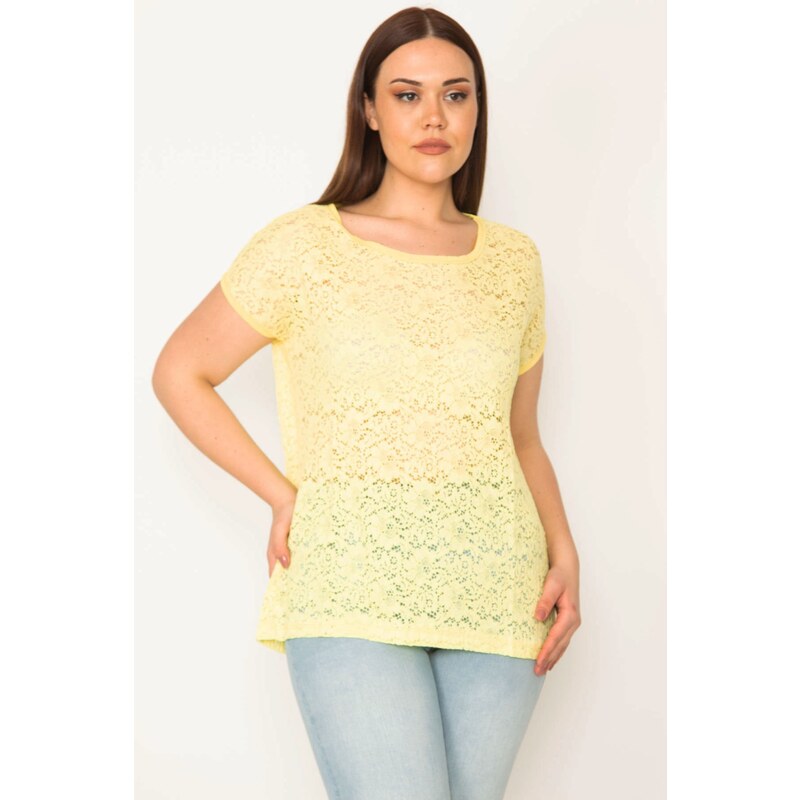 Şans Women's Plus Size Yellow Low-Sleeve Lace Blouse