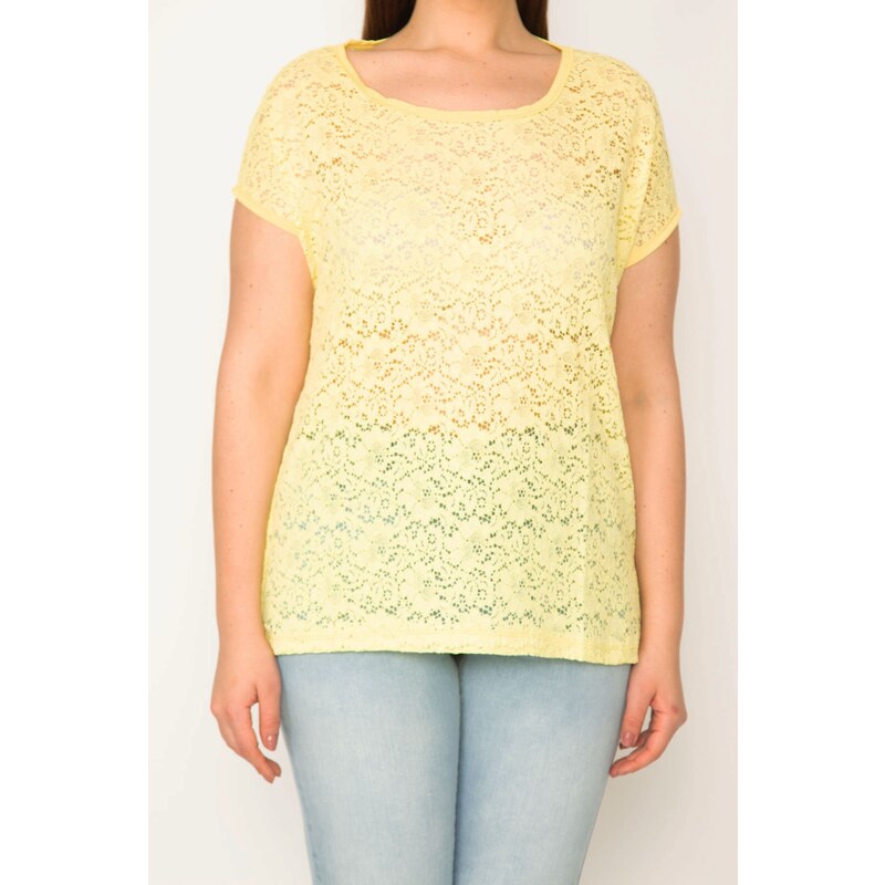 Şans Women's Plus Size Yellow Low-Sleeve Lace Blouse