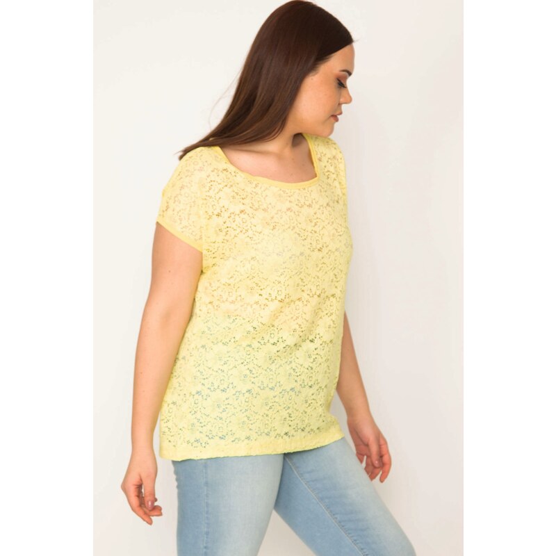 Şans Women's Plus Size Yellow Low-Sleeve Lace Blouse