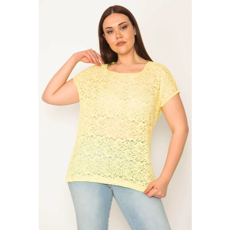 Şans Women's Plus Size Yellow Low-Sleeve Lace Blouse