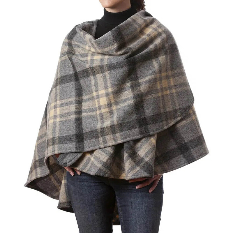 Ruana / pončo z jehněčí vlny Grey Beige Check - John Hanly