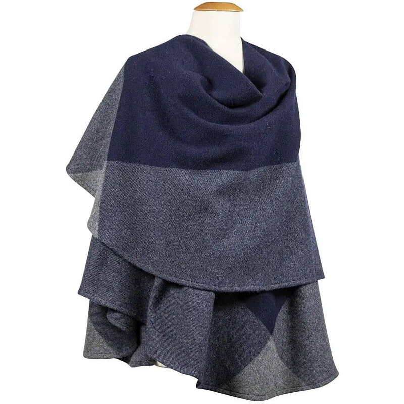 Ruana / pončo z jehněčí vlny Grey Blue Block - John Hanly