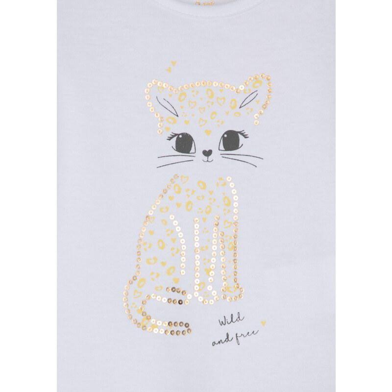 LOSAN Kojenecké bílé tričko krátký rukáv Kočička s flitry