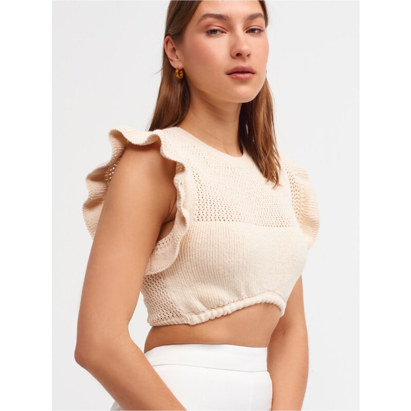 Dilvin 10176 Ruffled Sleeves Crop Sweater-natural