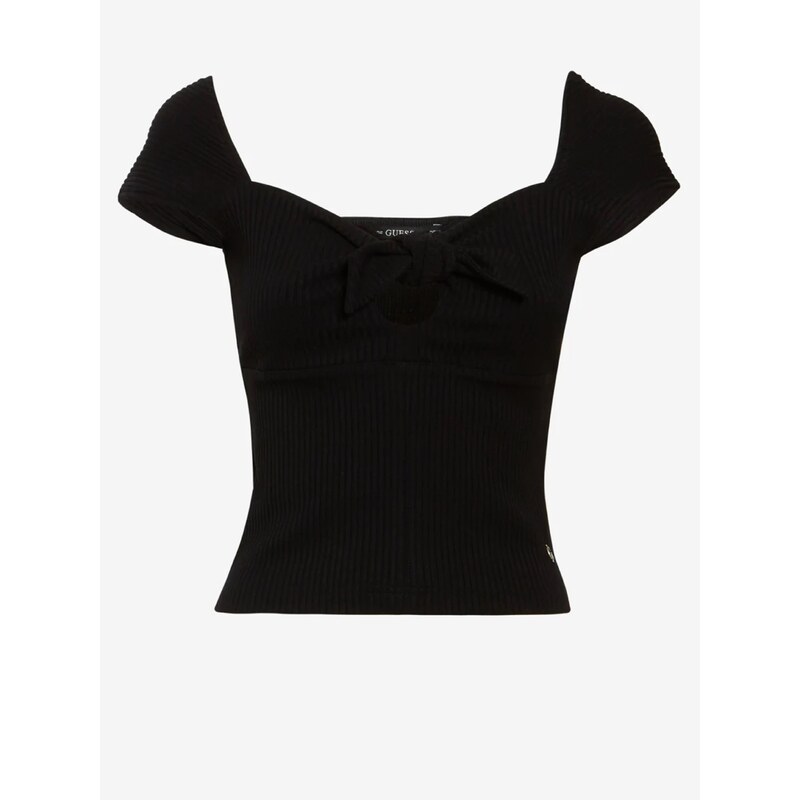 Černé dámské žebrované cropped tričko s mašlí Guess Valeriana - Dámské