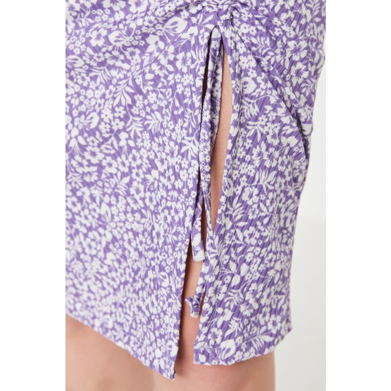 Trendyol Lilac Printed Mini Knitted Mini Skirt With Pleats and a Slit High Waist Fitted/Sleeping Shape