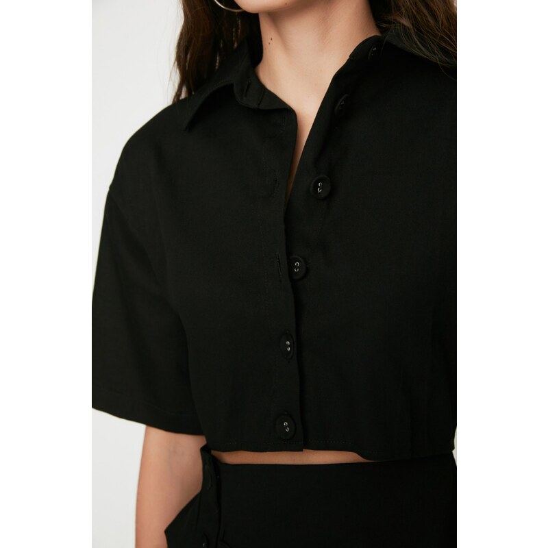 Trendyol Limitovaná edice Černá A-linie Okno Detailní Košilový Límec Mini Tkané šaty