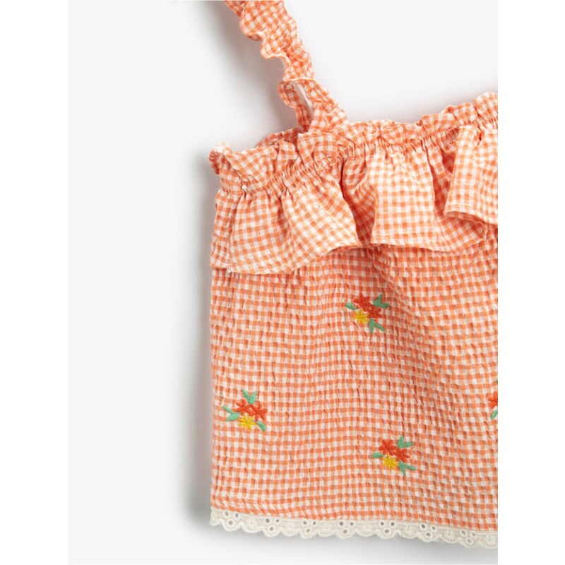 Koton Floral Embroidered Gingham Dress with Ruffled Straps