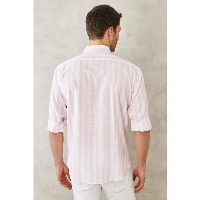 AC&Co / Altınyıldız Classics Men's White-Pink Comfort Fit Comfy Cut 100% Cotton Classic Collar Shirt.