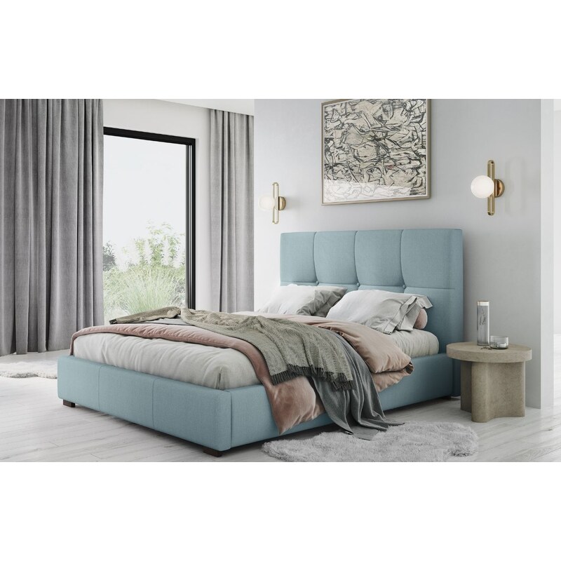 Světle modrá látková postel MICADONI SAGE 160 x 200 cm