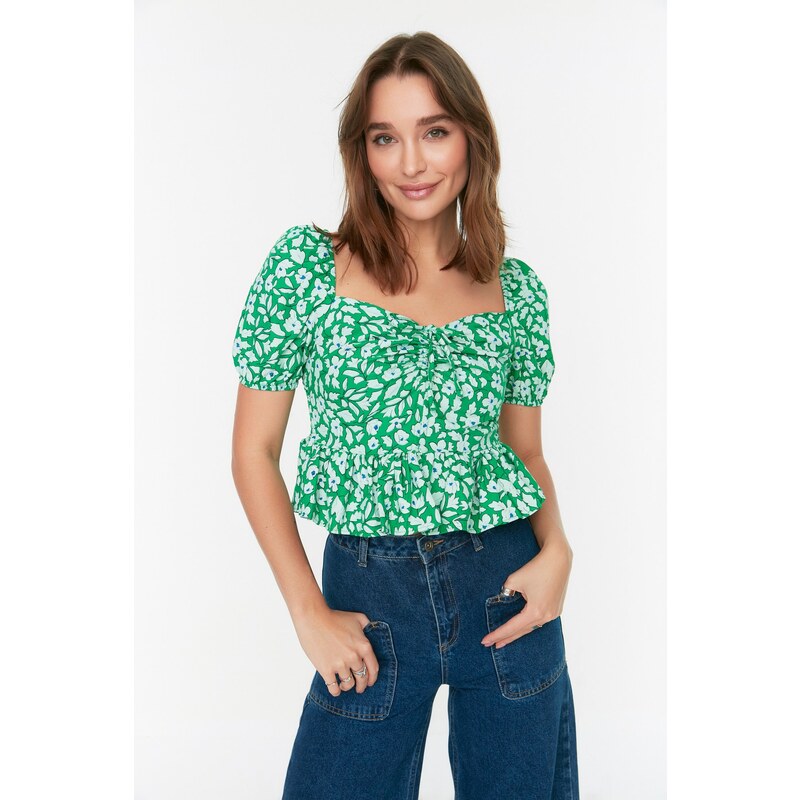 Trendyol Green Gathered Floral Woven Blouse