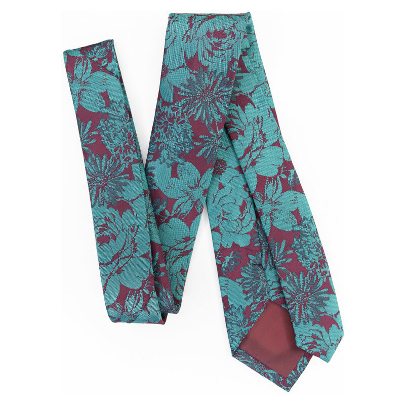 Obleč oblek Vínová pánská kravata s tyrkysovým květinovým vzorem