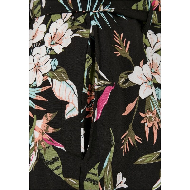 URBAN CLASSICS Ladies Short Viscose Belt Jumpsuit - black tropical