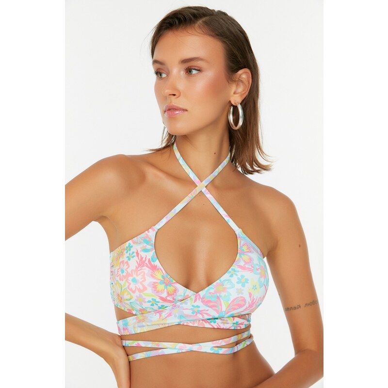 Trendyol Floral Pattern Bikini Top With Tie Detailed