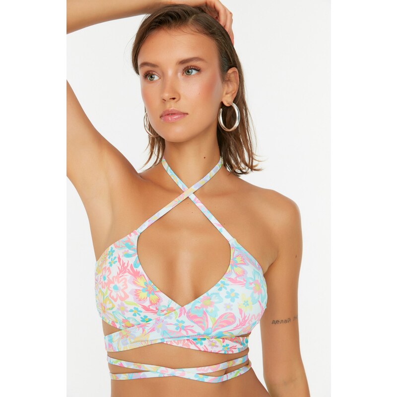 Trendyol Floral Pattern Bikini Top With Tie Detailed