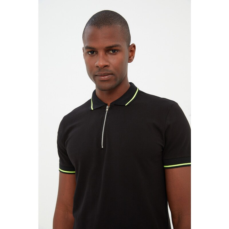 Trendyol Černé Regular / Regular Fit Zip Detailní Polo Neck tričko