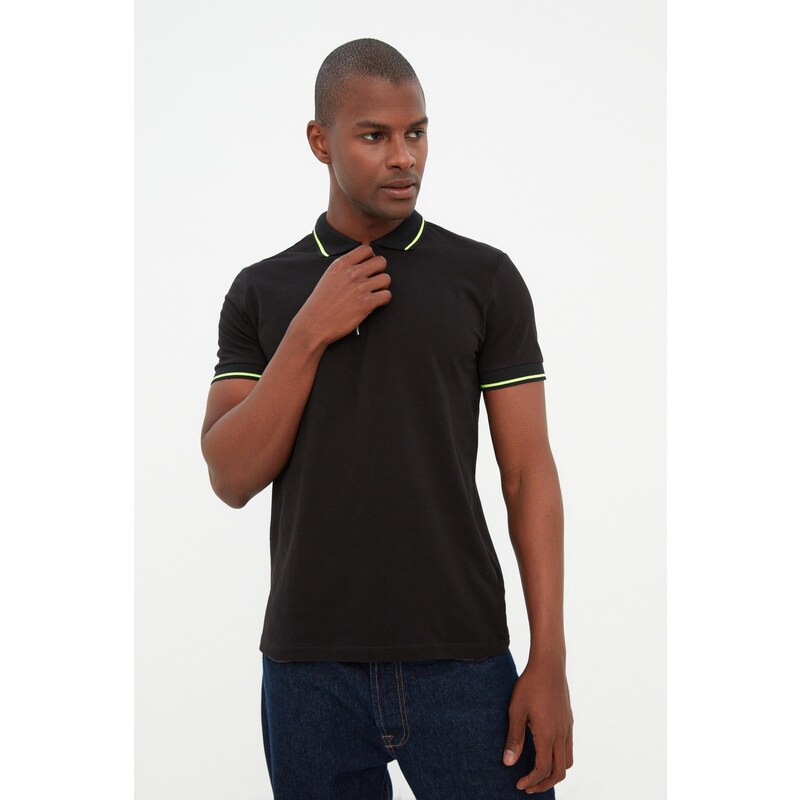 Trendyol Černé Regular / Regular Fit Zip Detailní Polo Neck tričko