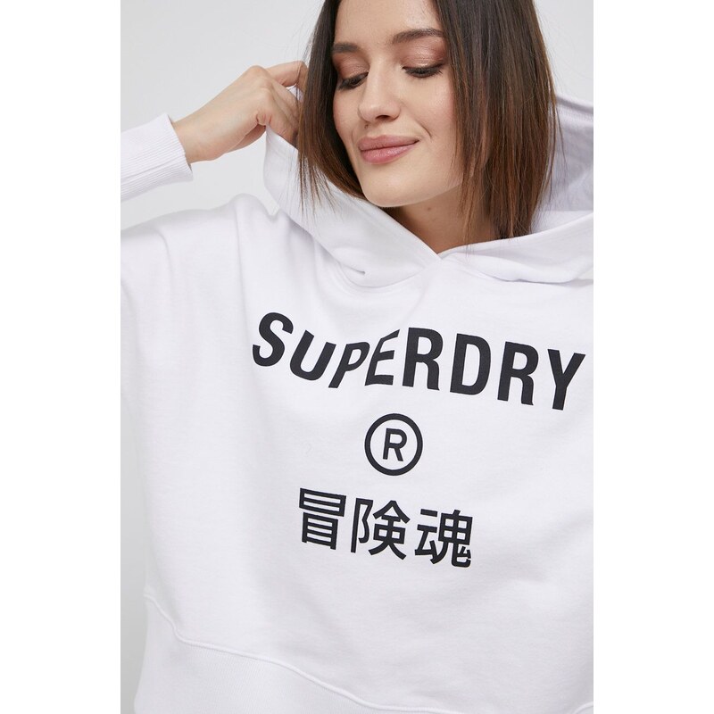 Bavlněná mikina Superdry dámská, bílá barva, s potiskem