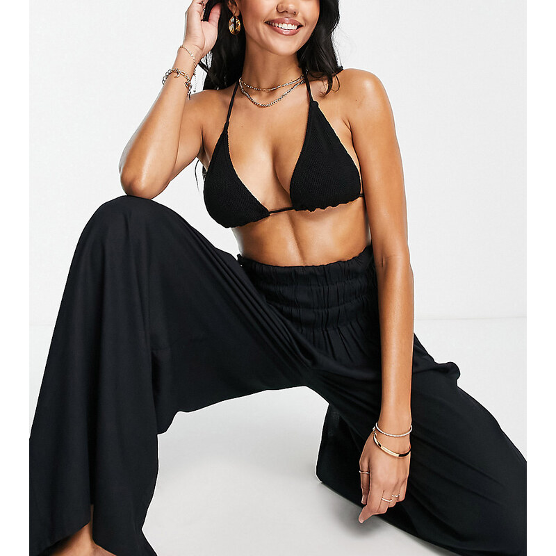 Esmee Exclusive shirred wide leg beach trousers in black 68937778