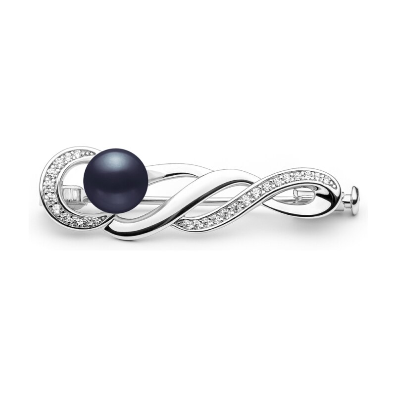 Gaura Pearls Stříbrná brož s černou říční perlou a zirkony Jess, stříbro 925/1000