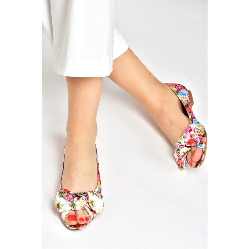 Fox Shoes White/red Linen Women's Flats with Floral Print