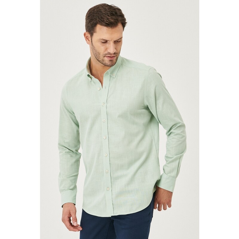 AC&Co / Altınyıldız Classics Men's A.mint Slim Fit Buttoned Collar Linen Look 100% Cotton Flared Shirt