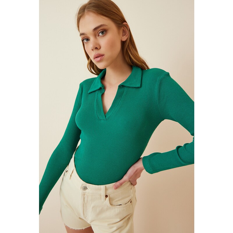 Happiness İstanbul Women's Vibrant Green Polo Neck Corduroy Knitted Blouse