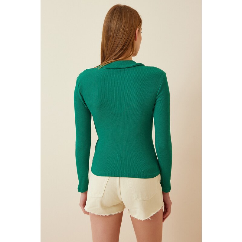 Happiness İstanbul Women's Vibrant Green Polo Neck Corduroy Knitted Blouse