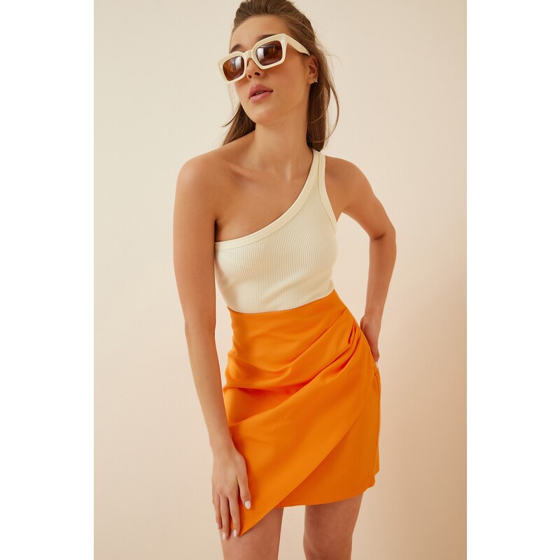 Happiness İstanbul Women's Orange Draped Knitted Mini Skirt