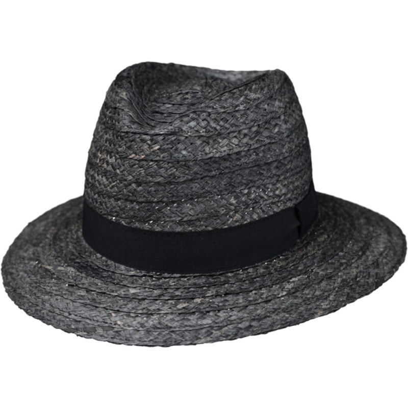 Slaměný šedý (žíhaný) klobouk fedora z pletené slámy - Traveller raffia Fiebig