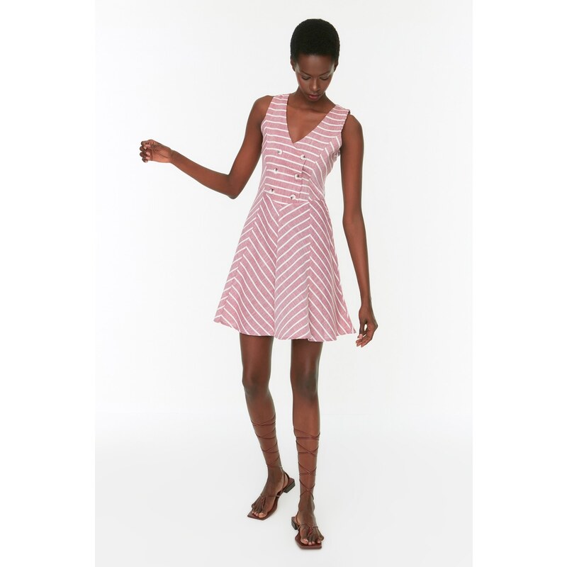 Trendyol Růžové knoflíkové detailní pruhované šaty