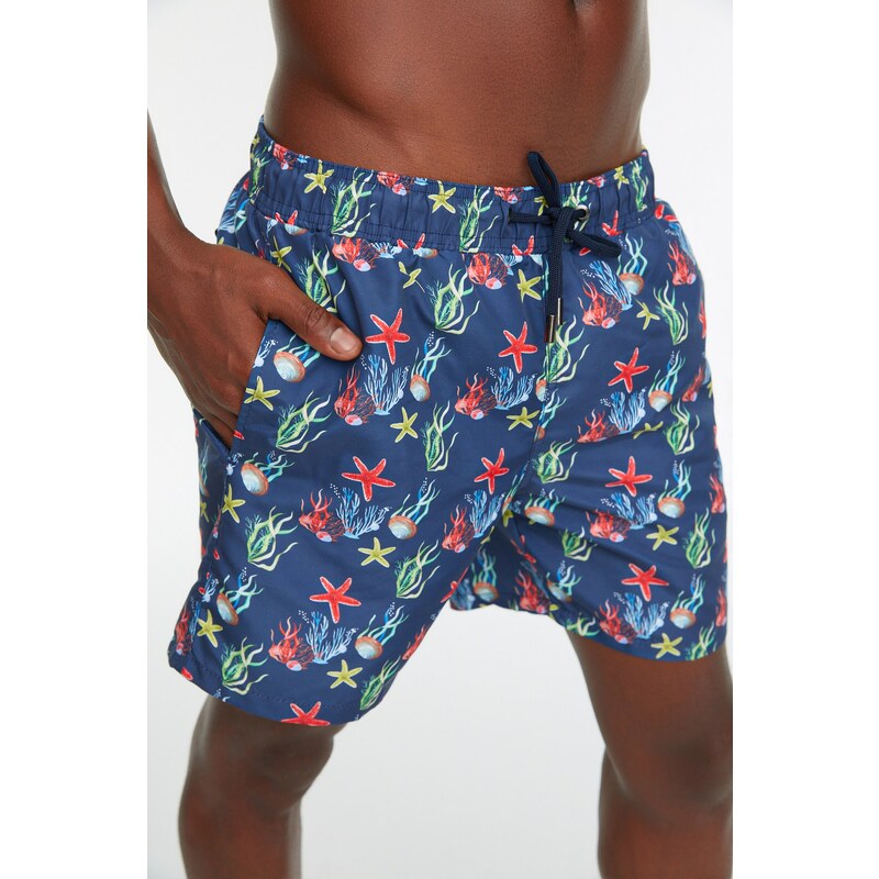 Trendyol Navy Blue Men's Printed Standard Size Swimwear with Sea Shorts