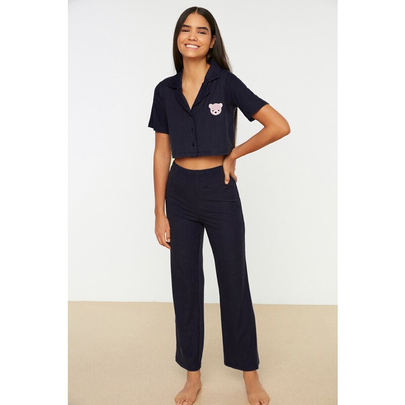 Trendyol Navy Blue Embroidered Ribbed Shirt-Pants and Knitted Pajamas Set