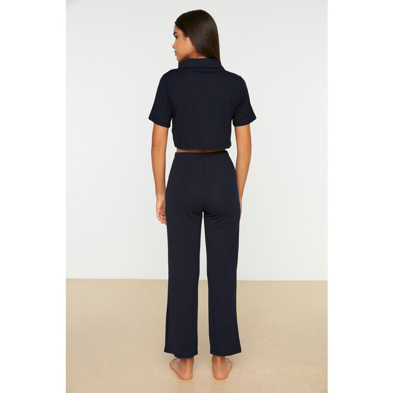 Trendyol Navy Blue Embroidered Ribbed Shirt-Pants and Knitted Pajamas Set